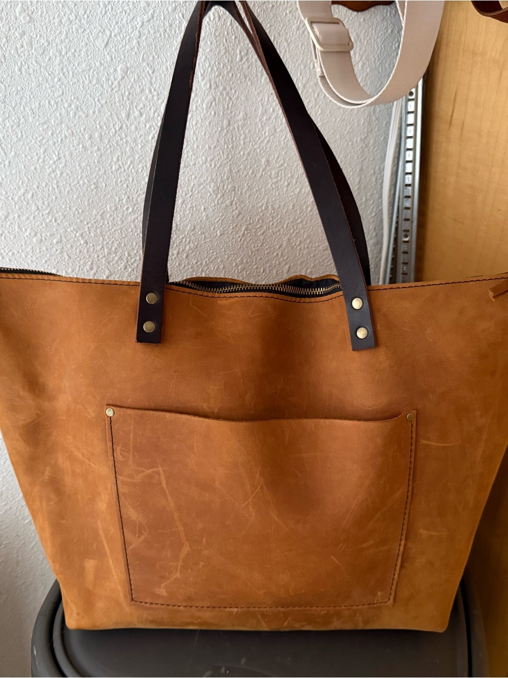 Leather Tote Bag in Tan with Dark Brown Handles